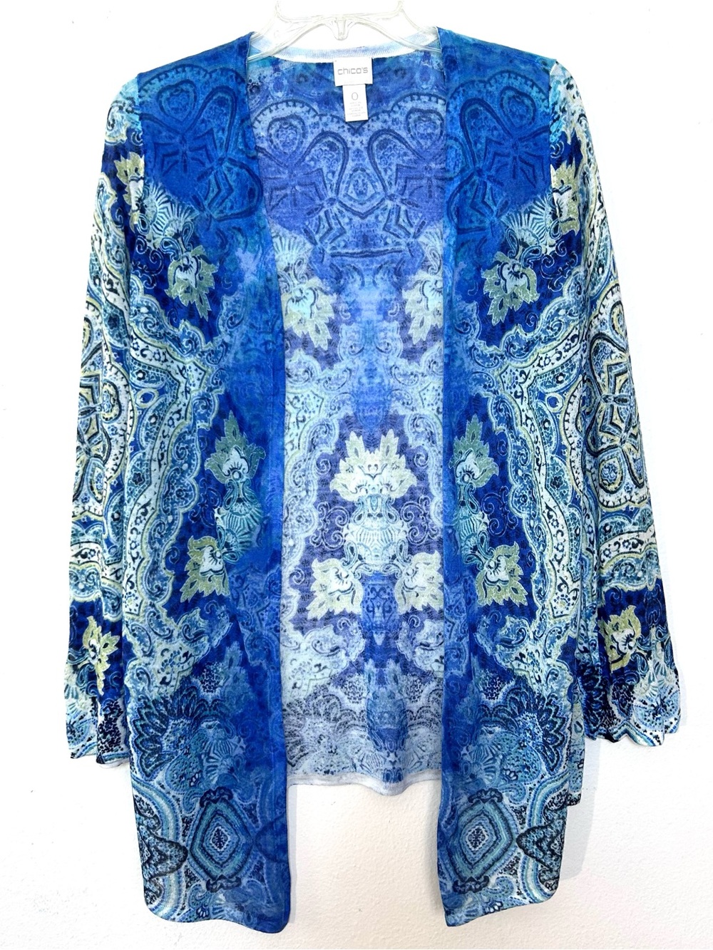 Chico’s Women’s size 0 Cardigan Flowy Boho Paisley Gorgeous Coastal Ocean S